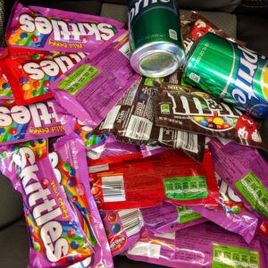 skittles, m&ms, and sprite