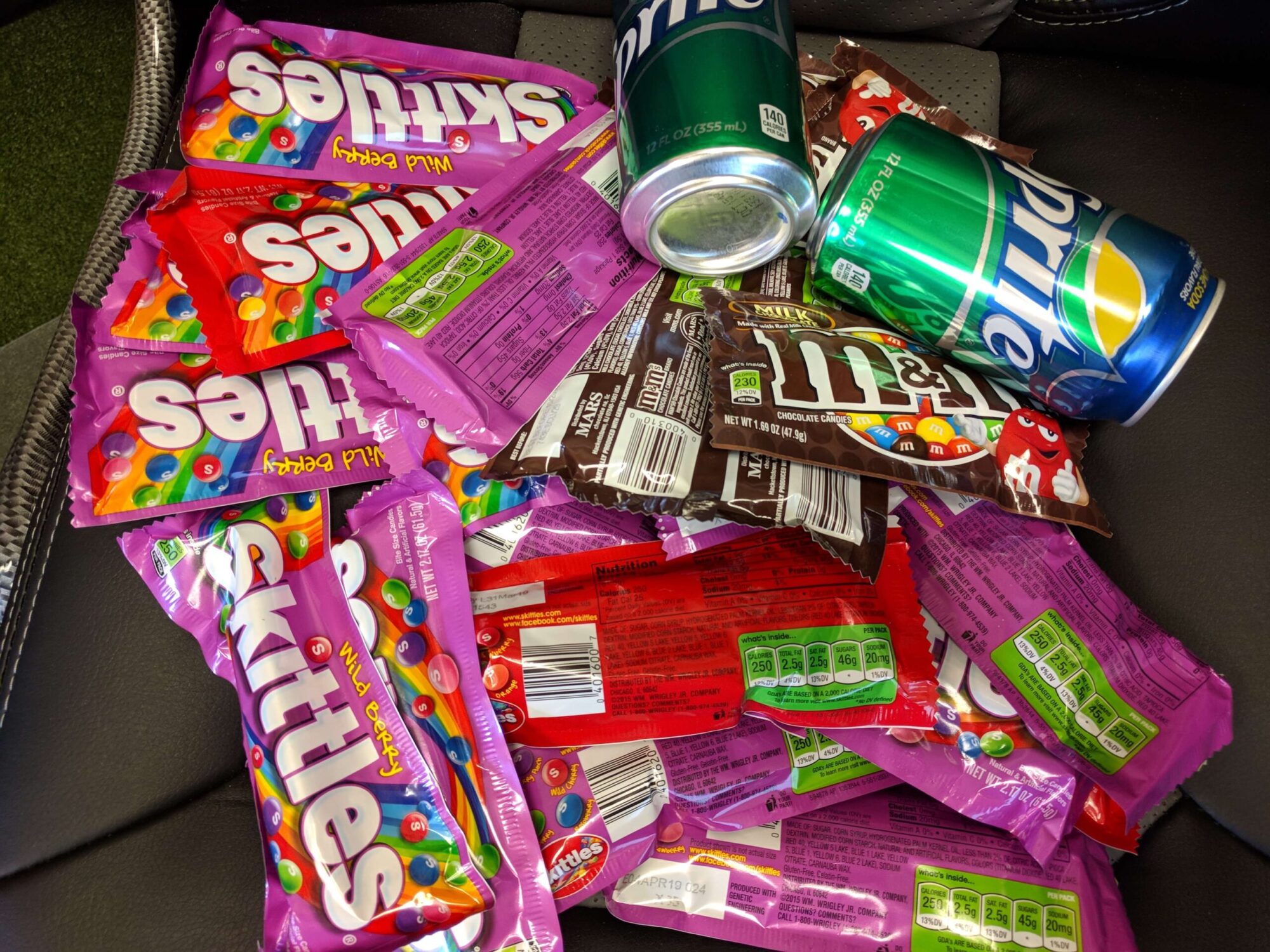 skittles, m&ms, and sprite