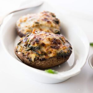 Creamy Chicken, Spinach & Artichoke Portobello Pizzas