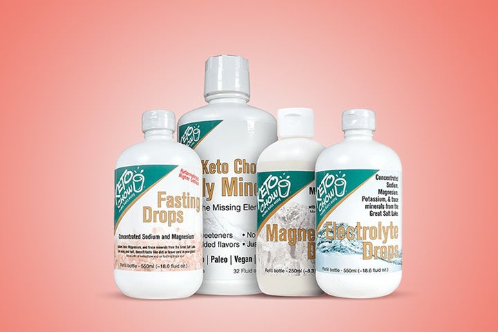 Keto Chow electrolytes made of concentrated sodium, magnesium, potassium, and trace minerals from the Great Salt Lake. Electrolyte drops 550 mL