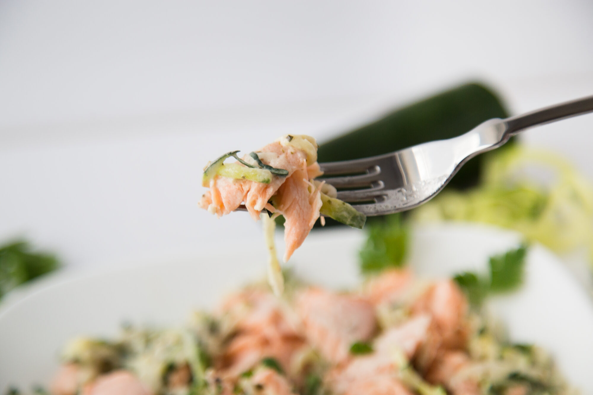 Close up of Salmon and zucchini noodles on a fork