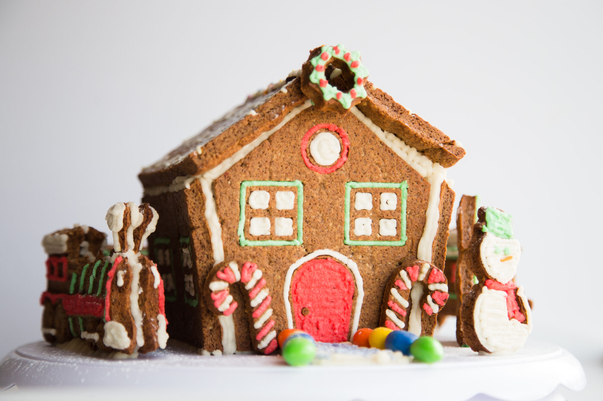 Gingerbread house with decorations.