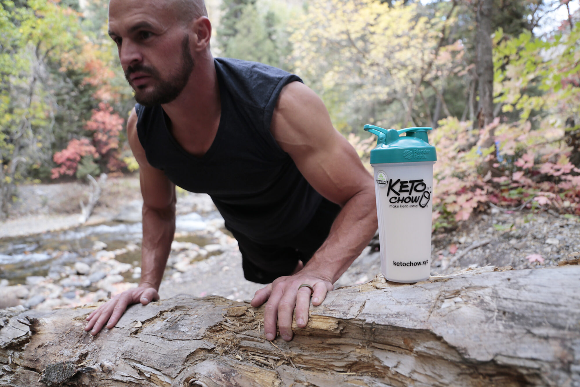 man working out in the woods with Keto Chow