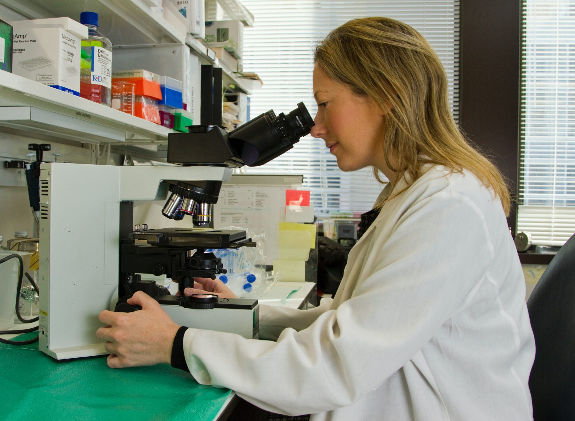 woman looking at microscope