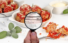 Hand with magnifying glass in front of meatballs