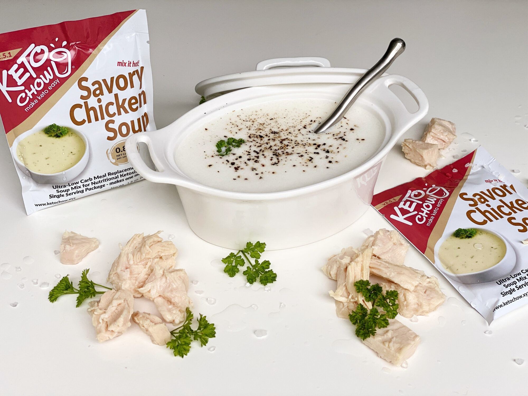 Pot of Keto Chow Savory Chicken Soup