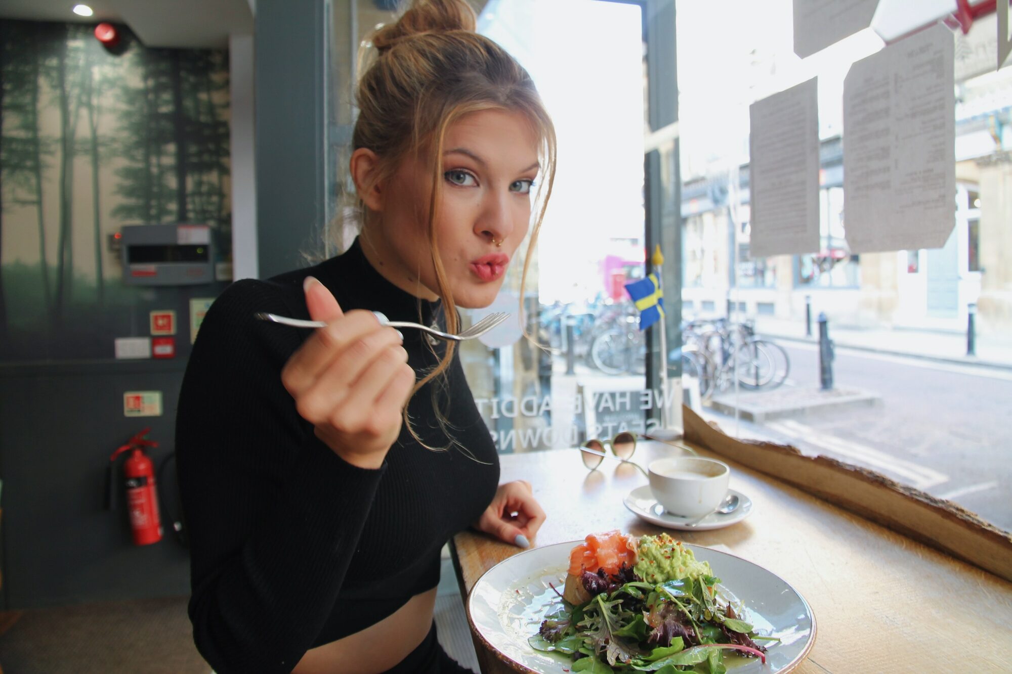 eating salad in restaurant