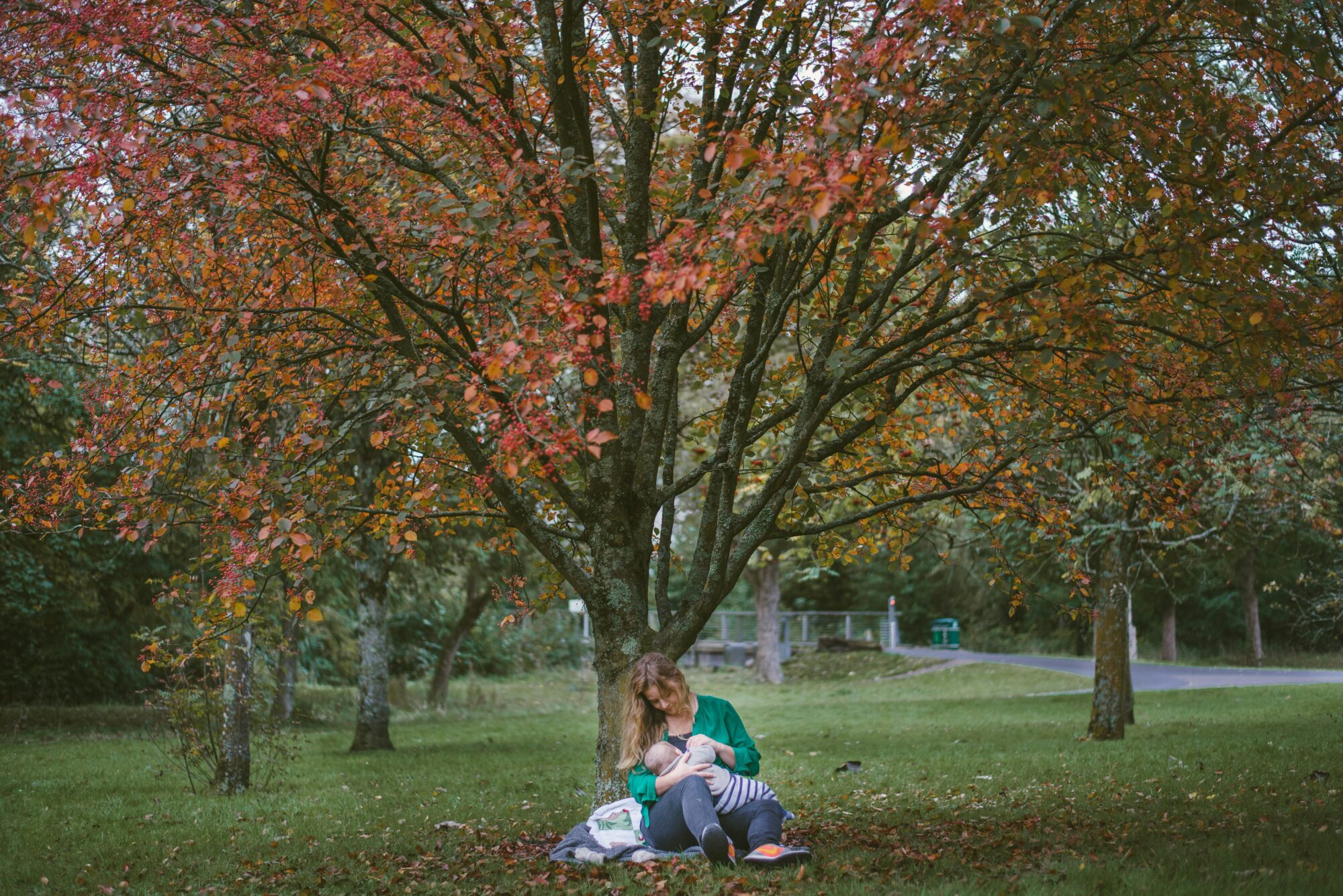 woman breastfeeding in park