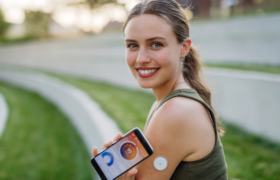 woman wearing cgm device